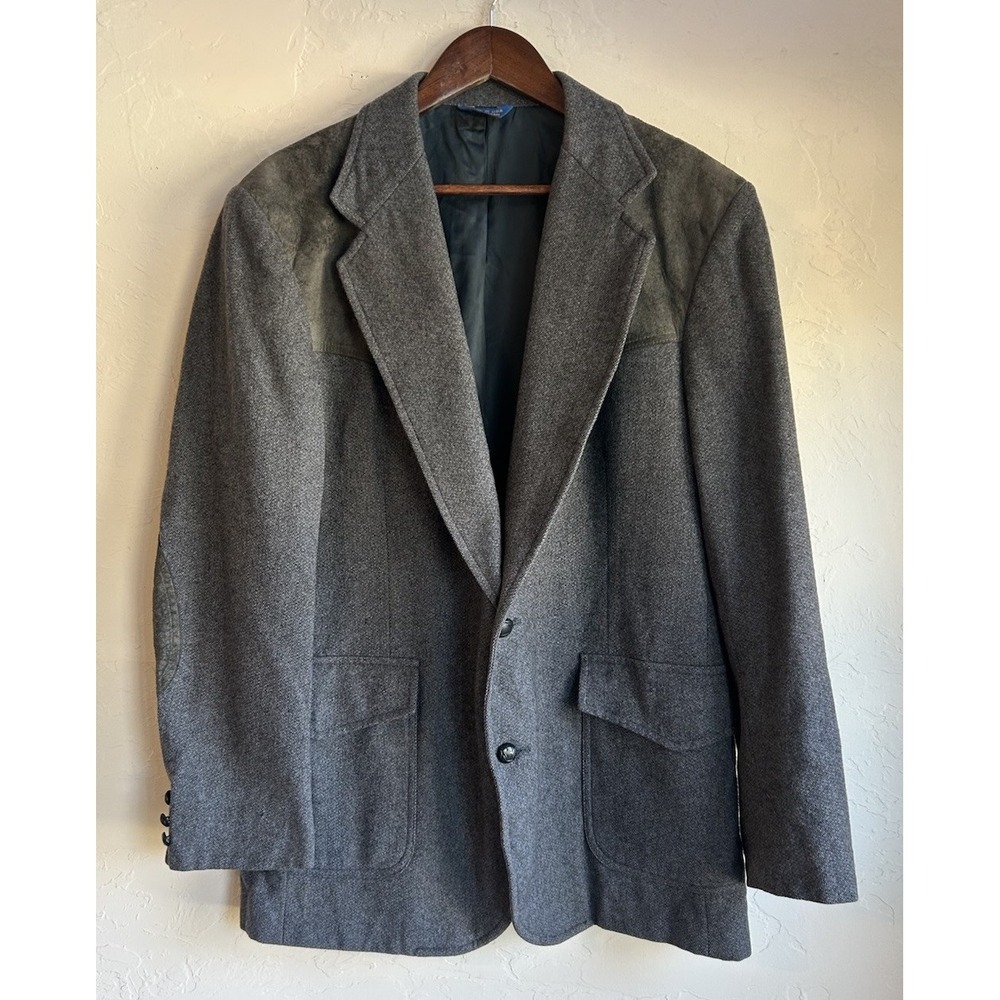Vintage Pendleton Blazer Jacket 42 L Wool Tweed Suede Elbow Patch Gray USA